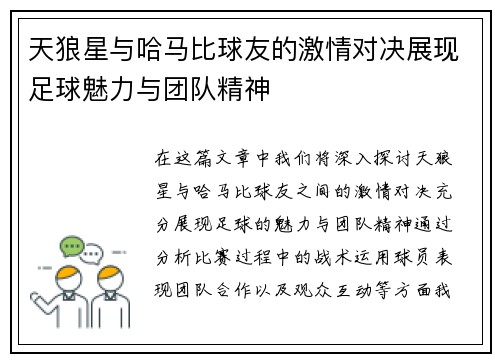 天狼星与哈马比球友的激情对决展现足球魅力与团队精神